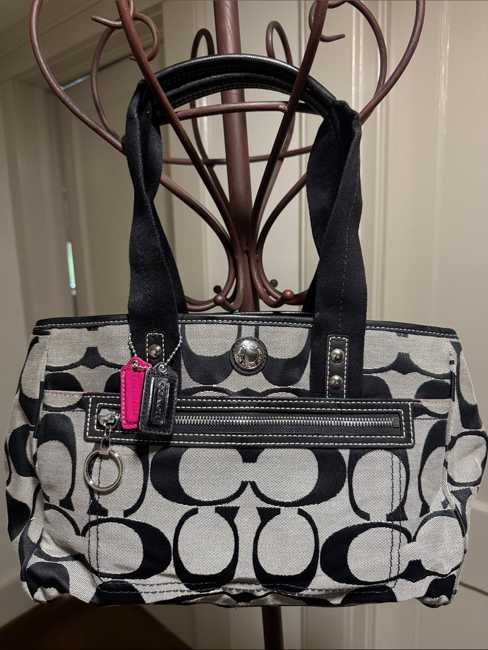Coach Black and Gray Signature Canvas Tote with Pink Accent tag